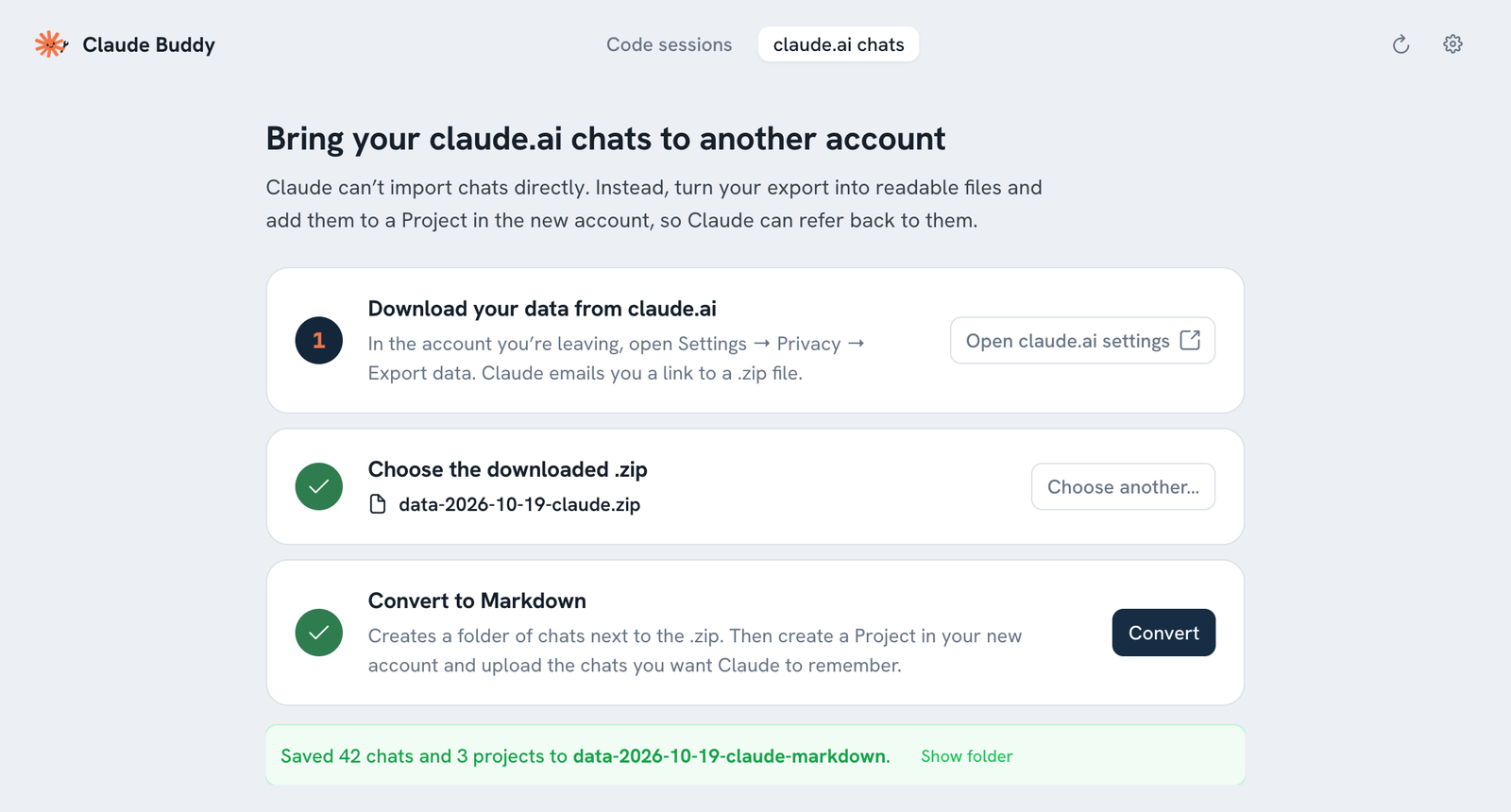 Claude Buddy converting a claude.ai data export into Markdown: 42 chats and 3 projects saved