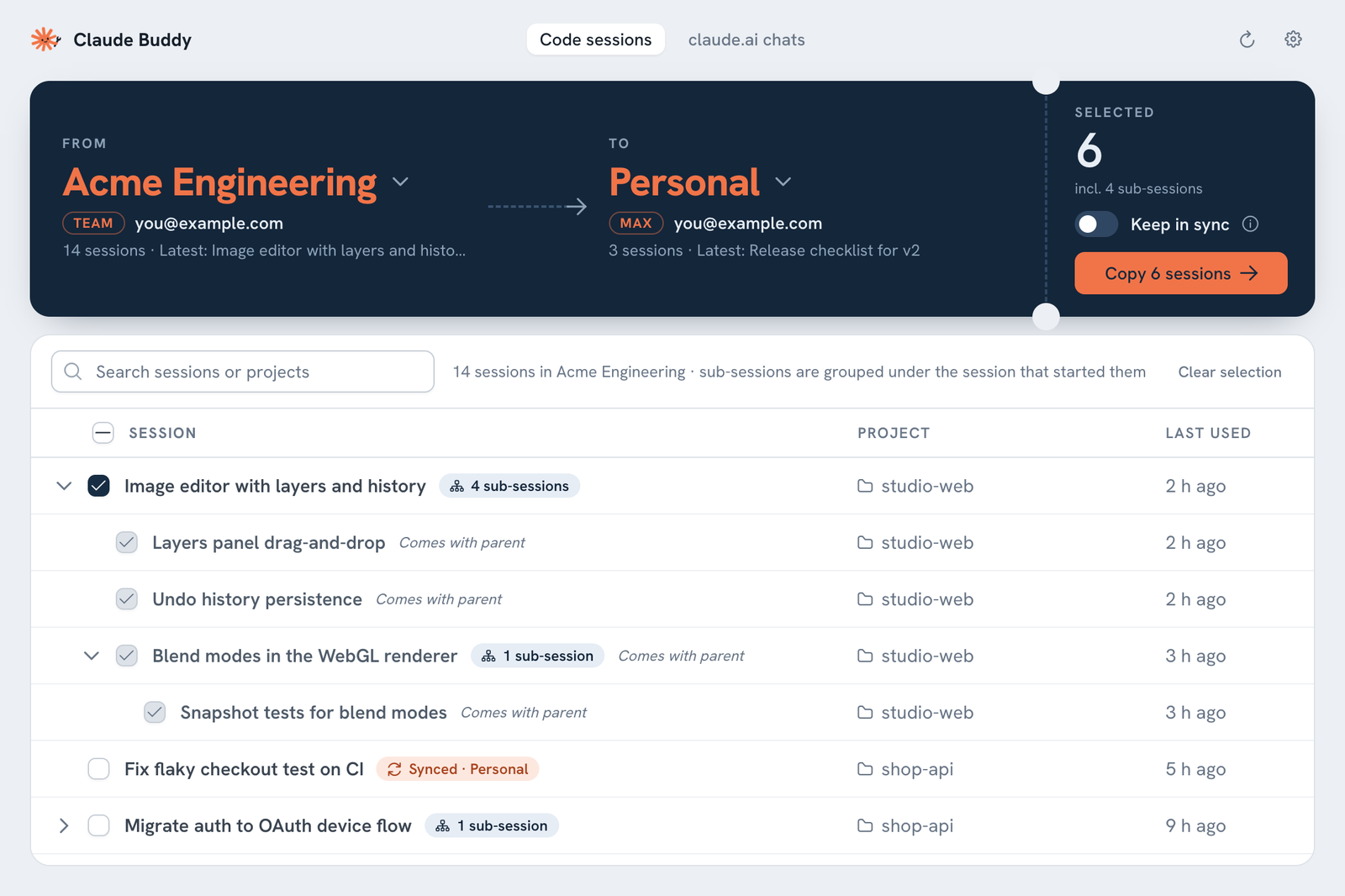 Claude Buddy window: copying 6 Claude Code sessions, including 4 sub-sessions, from the Acme Engineering Team organization to a Personal Max organization